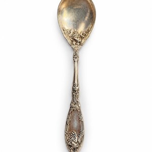 May include: A silver-toned metal spoon featuring an ornate embossed design of grape clusters and vine leaves on the handle and the base of the bowl. The spoon has a polished finish with visible tarnishing and intricate detailing throughout.