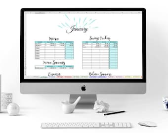 May include: A computer screen displaying a spreadsheet for tracking monthly budget and expenses. The spreadsheet is titled "January" and includes sections for income, savings, and balance summary.