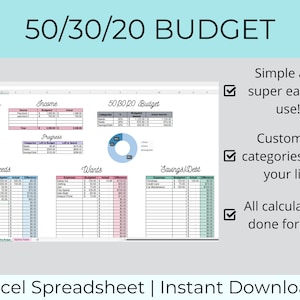 May include: A digital spreadsheet for budgeting using the 50/30/20 method. The spreadsheet is divided into sections for income, needs, wants, and savings/debt. The spreadsheet is customizable and includes all calculations.