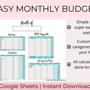 May include: A printable budget worksheet in Google Sheets format. The worksheet is divided into sections for income, expenses, debt payments, and savings tracking. The worksheet is designed to be easy to use and customize. The text "Easy Monthly Budget" is at the top of the worksheet.