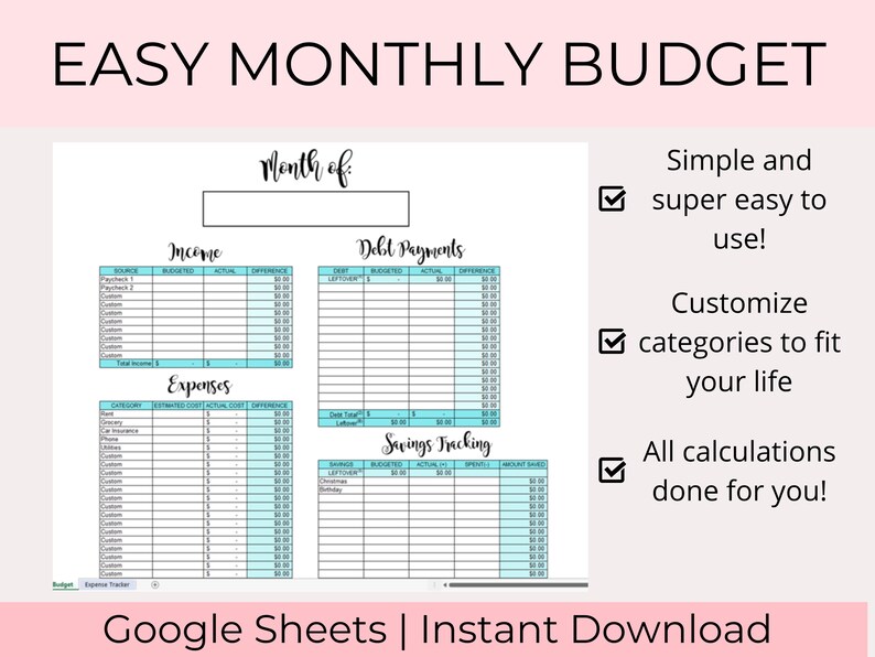 May include: A printable budget worksheet in Google Sheets format. The worksheet is divided into sections for income, expenses, debt payments, and savings tracking. The worksheet is designed to be easy to use and customize. The text "Easy Monthly Budget" is at the top of the worksheet.