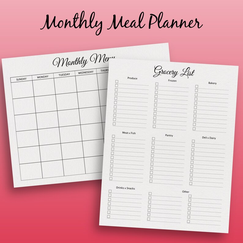 May include: A printable monthly meal planner with a grocery list. The meal planner has a grid for each day of the week. The grocery list has sections for produce, frozen, bakery, meat and fish, pantry, deli and dairy, drinks and snacks, and other.