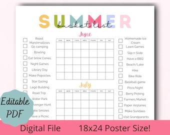 May include: Printable summer bucket list with checkboxes for activities in June and July. The list includes activities like roasting marshmallows, going camping, having a BBQ, and visiting grandparents. The printable is 18x24 inches.