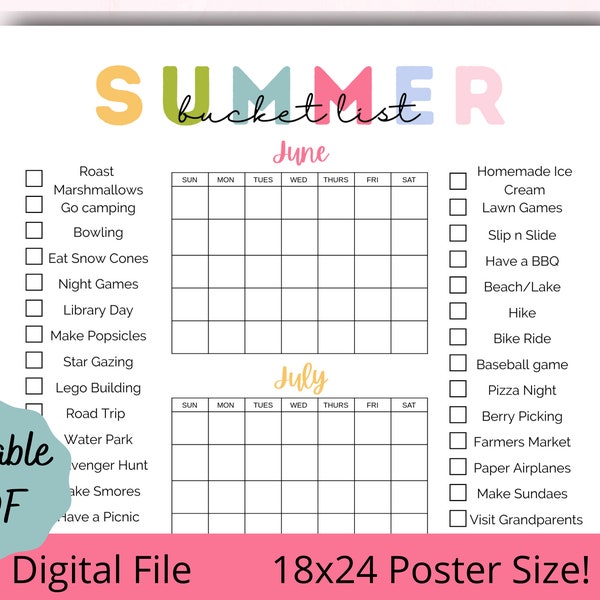 EDITABLE Summer Bucket List Summer Fun Calendar Summer Fun Poster Summer Boredom Buster Summer Checklist for Kids Summer Countdown Poster