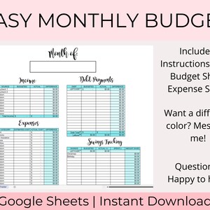 May include: A printable budget worksheet in Google Sheets format. The worksheet is divided into sections for income, expenses, debt payments, and savings tracking. The worksheet is designed to help users track their finances and create a budget.