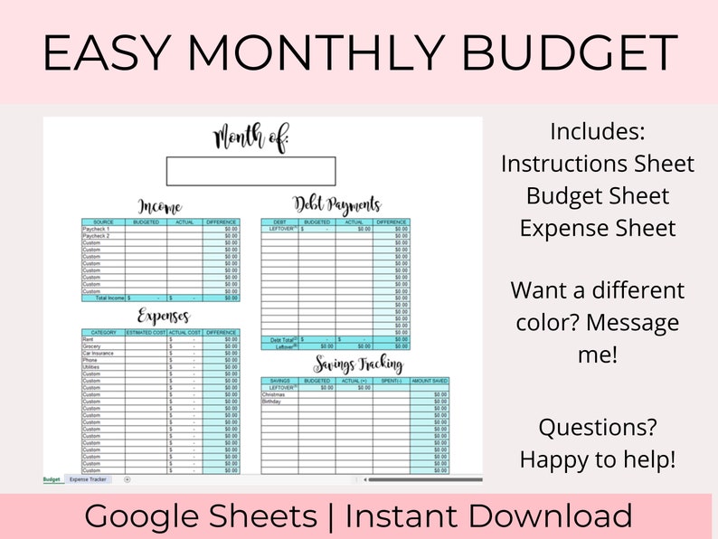 May include: A printable budget worksheet in Google Sheets format. The worksheet is divided into sections for income, expenses, debt payments, and savings tracking. The worksheet is designed to help users track their finances and create a budget.