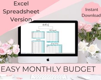 May include: A computer screen displaying a spreadsheet template for a monthly budget. The spreadsheet is divided into four sections: Income, Bills Payments, Expenses, and Savings Tracking. The spreadsheet is on a white background with a light blue border. The text "Month of" is at the top of the spreadsheet. The text "Instant Download!" is in a pink circle in the upper right corner of the image. The text "EASY MONTHLY BUDGET" is at the bottom of the image.