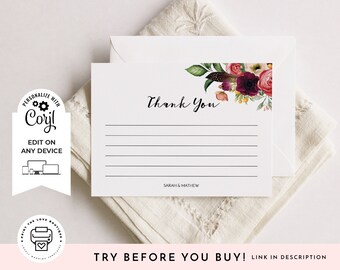 editable thank you card template printable wedding thank you etsy