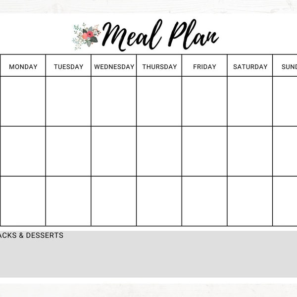 Instant Download - Weekly Meal Plan Printable - Weekly Menu for Breakfast Lunch and Dinner