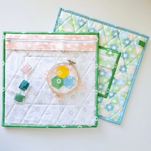 Könnte beinhalten: Zwei gequiltete Stoffaufbewahrungstaschen mit grünem Besatz. Die größere Tasche hat einen Reißverschluss und eine transparente Plastiktasche. Die kleinere Tasche hat einen Reißverschluss und eine transparente Plastiktasche. Beide Taschen haben einen weißen Hintergrund mit einem Blumenmuster.