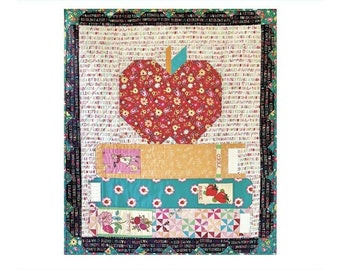 School Books Mini Quilt Pattern 24"x21" Traditional Fabric Piecing Block Fat Quarter Friendly Teacher Gift Classroom School Apple Learning