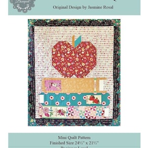 School Books Mini Quilt Pattern 24x21 Traditional Fabric Piecing Block Fat Quarter Friendly Teacher Gift Classroom School Apple Learning image 1