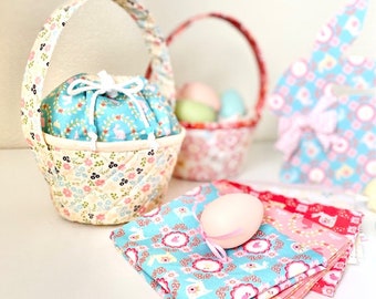 Flower Basket Pattern - Two Designs BONUS Added! 9x6 Sewing Drawstring Purse Easter Holiday Gift Linen Bouquet Beginner Level PDF Download