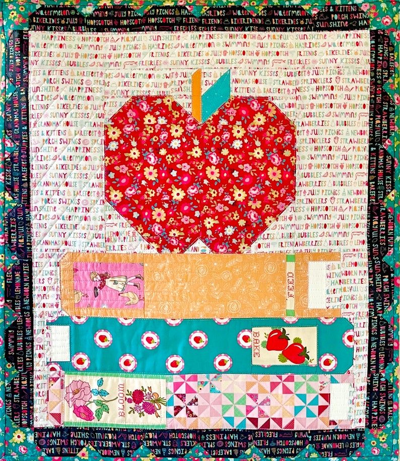 School Books Mini Quilt Pattern 24x21 Traditional Fabric Piecing Block Fat Quarter Friendly Teacher Gift Classroom School Apple Learning image 2