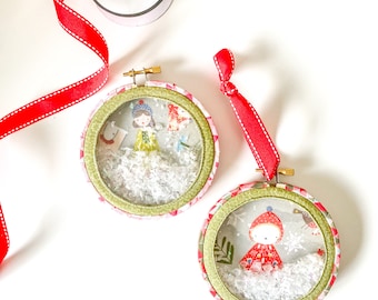 Snow Hoop Ornament Pattern 4.5" Christmas Sewing Project Globe Linen Bouquet Handmade Craft Easy Gift Ribbon Tree Holiday Kids Quick Fast