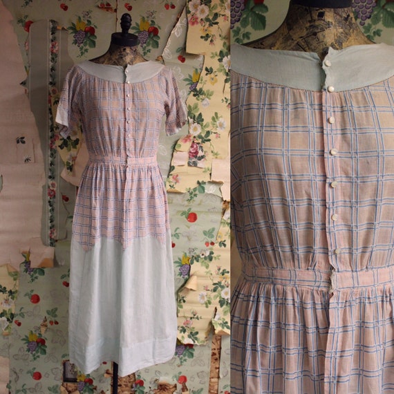 1930s 1940s Sheer Pastel Cotton Plaid Shirtwaist F