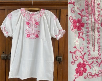 Vintage White Embroidered Pink Floral Romantic Cotton Polyester Smocked Blouse. By Copperhive Vintage.