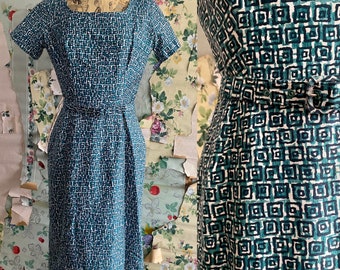 1960s Montigo Bay Geometric Printed Wiggle Dress with Matching Belt. Small/ Medium. By Copperhive Vintage.