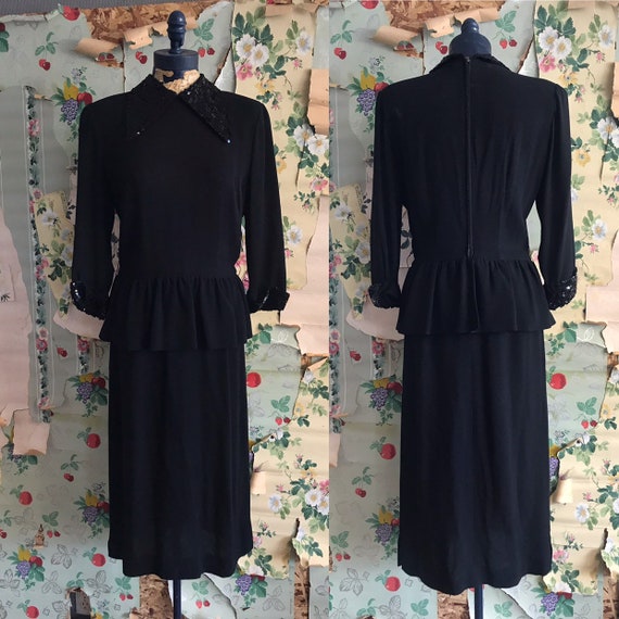 1940s 1950s Sabrina Black Rayon Peplum Midi Junior
