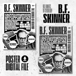 Op de afbeelding: Zwart-witte poster met een foto van B.F. Skinner, een Amerikaanse psycholoog, en de tekst "B.F. Skinner: De ingenieur van gedrag". De tekst bevat ook het citaat "We zijn wat we zijn versterkt om te zijn."