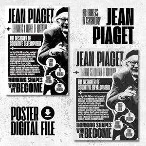 Op de afbeelding: Een zwart-witte poster met een foto van Jean Piaget, een Zwitserse psycholoog die bekend staat om zijn baanbrekende werk op het gebied van cognitieve ontwikkeling. De poster bevat de tekst "Jean Piaget", "Leren is een reis van aanpassing", "De ontwerper van cognitieve ontwikkeling", "Denkvormen die we worden", en "Grote denkers in de psychologie".