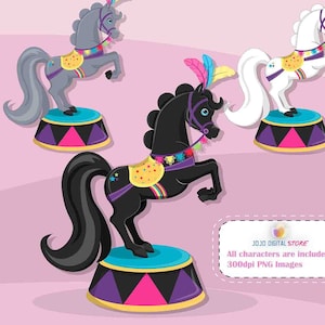 May include: Three cartoon horses in different colors, black, white, and gray, are standing on colorful circus platforms. Each horse has a colorful saddle and a feather on its head. The text "JOJO DIGITAL STORE" and "All characters are included. 300dpi PNG images" is at the bottom of the image.