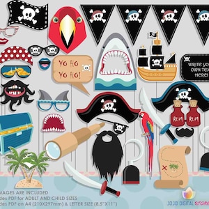 May include: A set of 20 printable pirate party photo booth props. The props include a pirate hat, parrot, treasure chest, shark, sword, telescope, and more. The props are perfect for a pirate-themed party.