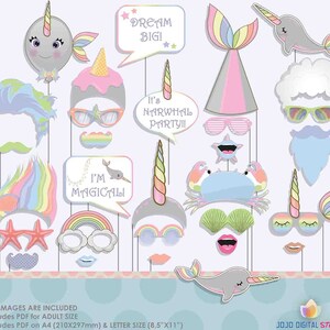 Pastel Rainbow Narwhal Photo Booth Props for Rainbow Magical Party