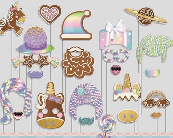 Unicorn Cookie Gingerbread Party Photo Booth Props for Gingerbread Christmas Party