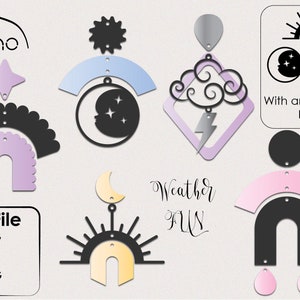 SVG Earrings File, Juno Branded, Weather Fun, Crescent, Celestial, Sun Cloud, Rainbow, Arch, Bolt