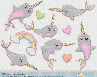 Pastel Rainbow narwal Clipart, Graphics, Pastel Rainbow narwal partij