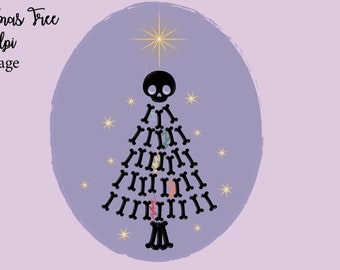 Spooky Kerstmis Gotische Schedel Bone Kerstboom, Creepmas Clipart, Graphics, Aquarel Kerstmis, Kerstfeest Party