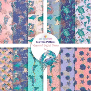Adorable Mermaid Digital Paper Set, Seamless Pattern, Glitter Mermaid, Watercolor