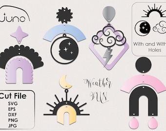 SVG Earrings File, Juno Branded, Weather Fun, Crescent, Celestial, Sun Cloud, Rainbow, Arch, Bolt