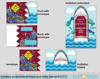 Editable Shark invitations for Shark pool surf Party