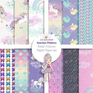 Adorable Pastel Unicorn Digital Paper Set, Seamless Pattern, Glitter Unicorn, Watercolor