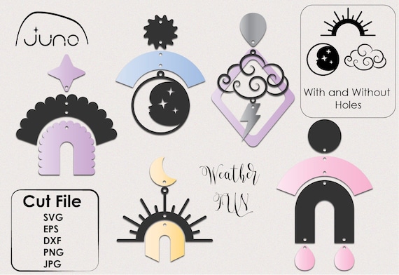 SVG Earrings File, Juno Branded, Weather Fun, Crescent, Celestial, Sun Cloud, Rainbow, Arch, Bolt