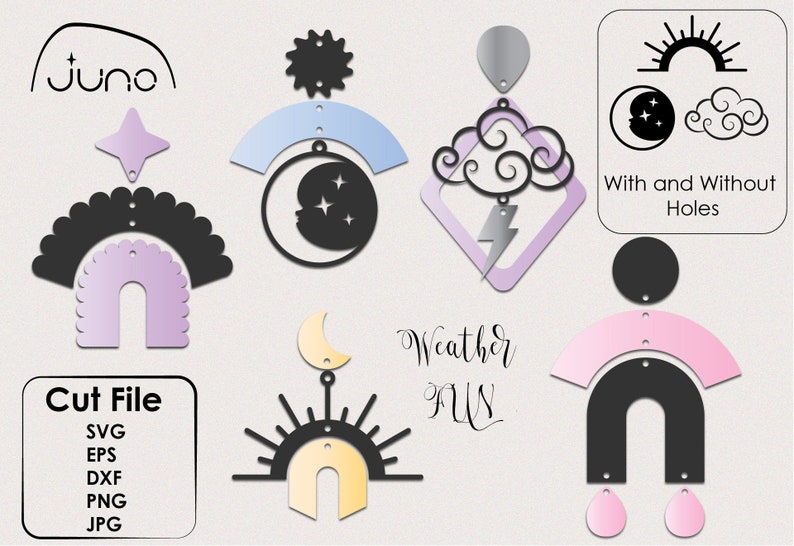 May include: A digital download of weather-themed SVG, EPS, DXF, PNG, and JPG cut files for crafting. The design features a sun, moon, clouds, and lightning bolt. The text "Weather Fun" is included in the design.