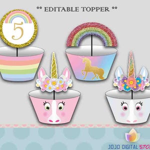 Op de afbeelding: Bewerkbare cupcake-toppers met een regenboog, een eenhoornhoofd en een eenhoornhoorn met bloemen. De regenboogtopper heeft een gouden cirkel met het nummer 5 in het midden. De eenhoornhoofdtoppers hebben roze en blauwe cupcake-verpakkingen.