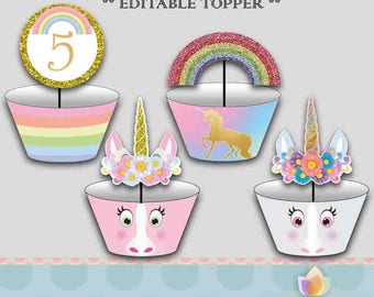 Editable Unicorn Cupcake topper & Cupcake wrapper set for Unicorn Party!