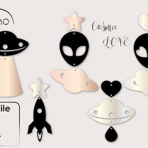 Fichier de boucles d’oreilles SVG, Marque Juno, Amour cosmique, Alien, OVNI, Vaisseau spatial, Espace