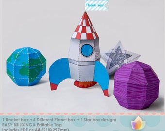 BEWERKBARE raket, planeten, ster gunst box set, ruimte gunst box set