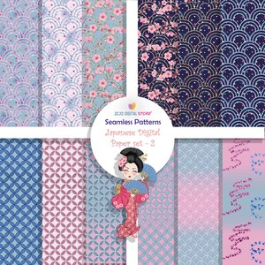 Può includere: Un set di otto motivi di carta digitale con design di ispirazione giapponese. I motivi includono forme geometriche blu e rosa, fiori di ciliegio e una geisha con un ventaglio. Il testo "JOJO DIGITAL STORE Seamless Patterns Japanese Digital Paper set - 2" è incluso nell'immagine.