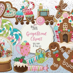 K&ouml;nnte beinhalten: Ein Set mit 21 digitalen Clipart-Bildern zum Thema Lebkuchen. Die Bilder beinhalten Lebkuchenh&auml;user, Zuckerstangen, Lutscher, Lebkuchenm&auml;nner, einen Lebkuchenzug und einen Lebkuchenbaum. Die Bilder sind perfekt zum Erstellen von Weihnachtsbastelarbeiten, Karten und Dekorationen.
