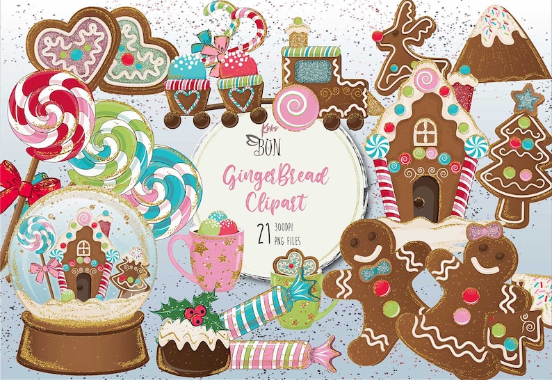 K&ouml;nnte beinhalten: Ein Set mit 21 digitalen Clipart-Bildern zum Thema Lebkuchen. Die Bilder beinhalten Lebkuchenh&auml;user, Zuckerstangen, Lutscher, Lebkuchenm&auml;nner, einen Lebkuchenzug und einen Lebkuchenbaum. Die Bilder sind perfekt zum Erstellen von Weihnachtsbastelarbeiten, Karten und Dekorationen.