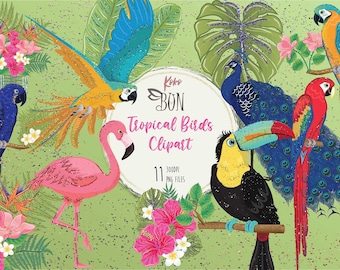 Glitter Tropical Birds Clipart, Graphics, Watercolor Tropical, Tropical Hawaiian Luau Party