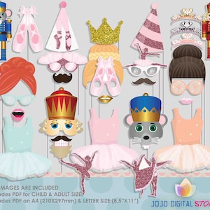 May include: A set of 12 printable Nutcracker and ballerina themed photo booth props. The props include a nutcracker, a ballerina, a mouse, a crown, a pair of ballet shoes, a party hat, and glasses. The props are designed for a Nutcracker themed party.