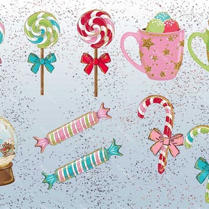 K&ouml;nnte beinhalten: Eine Sammlung von weihnachtlichen Illustrationen mit Zuckerstangen, Lutschern, Lebkuchen und Bechern. Die Illustrationen sind im skurrilen Stil mit Glitzerakzenten gehalten.