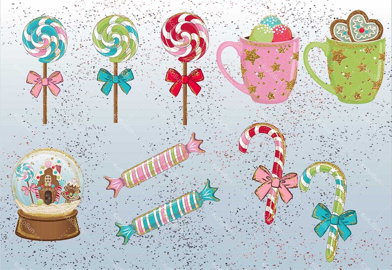 K&ouml;nnte beinhalten: Eine Sammlung von weihnachtlichen Illustrationen mit Zuckerstangen, Lutschern, Lebkuchen und Bechern. Die Illustrationen sind im skurrilen Stil mit Glitzerakzenten gehalten.