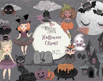 Magische Halloween Schattige Poppen Clipart Gotische Halloween Planner Stickers Glitter Schedels Spooky Ghost Bat Cat Owl Spider